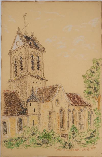 Ecole du début du XXe siècle : Clocher de Delincourt - Dessin original au Pastel 2