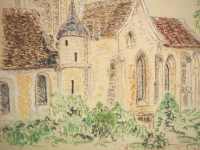 Ecole du début du XXe siècle : Clocher de Delincourt - Dessin original au Pastel 2