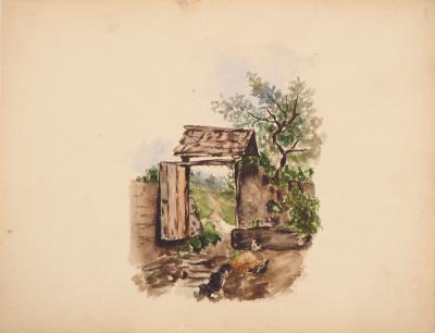 Ecole du début du XXe siècle : La porte de la ferme - Aquarelle Originale 2