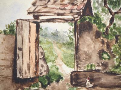 Ecole du début du XXe siècle : La porte de la ferme - Aquarelle Originale 2