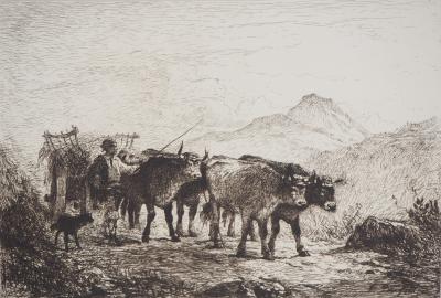 Felix BRISSOT DE WARWILLE : Attelage de bœufs en Normandie - Eau forte Originale 2