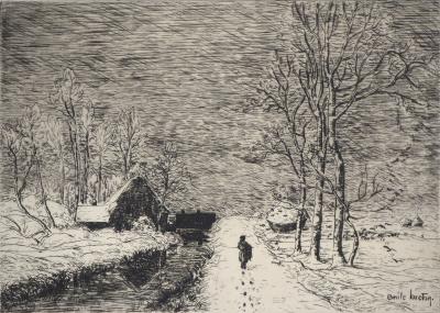 Emile BRETON : Hiver, Chemin de ferme - Eau forte Originale 2