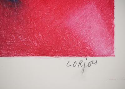 Bernard LORJOU : Personnage sur fond rouge - Gravure originale signée 2