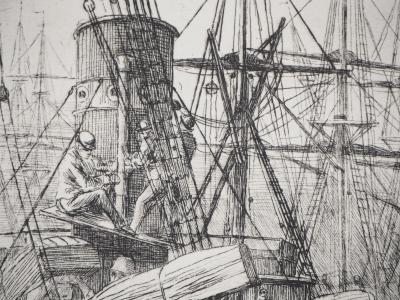 Matthew Withe RIDLEY : Le débarquement au port - Eau forte originale signée 2