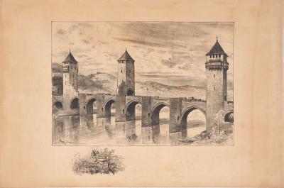 Albert ROBIDA : Le pont fortifié - Lithographie originale signée 2