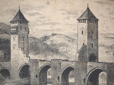 Albert ROBIDA : Le pont fortifié - Lithographie originale signée 2