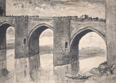 Albert ROBIDA : Le pont fortifié - Lithographie originale signée 2