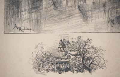 Albert ROBIDA : Le pont fortifié - Lithographie originale signée 2