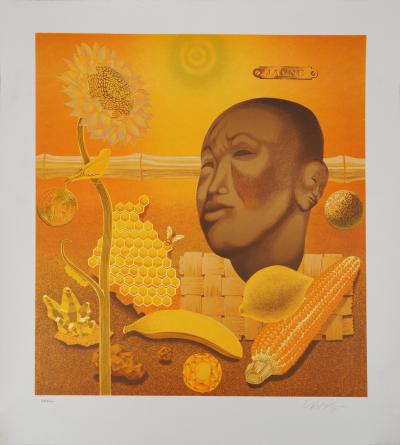 Victor VASARELY : Bouddha, Vie en jaune - Lithographie Originale Signée 2