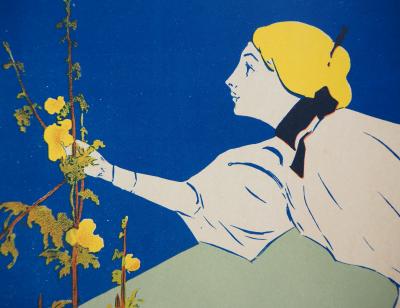 William CARQUEVILLE : Femme cueillant une fleur - Lithographie originale signée, 1895 2