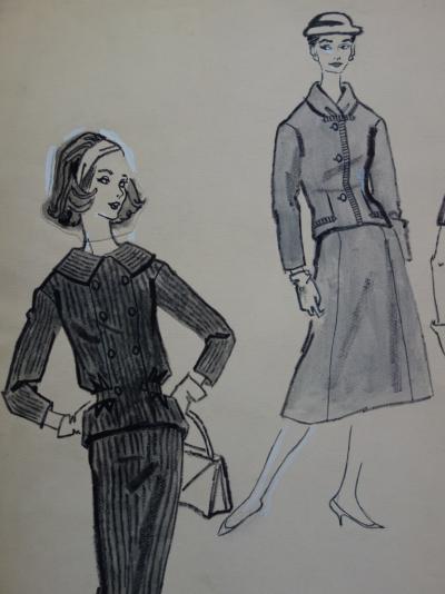 Rosy ANDREASI-VERDIER : Dessin de mode : Femmes en tailleur -  Aquarelle originale et dessin à l’encre 2