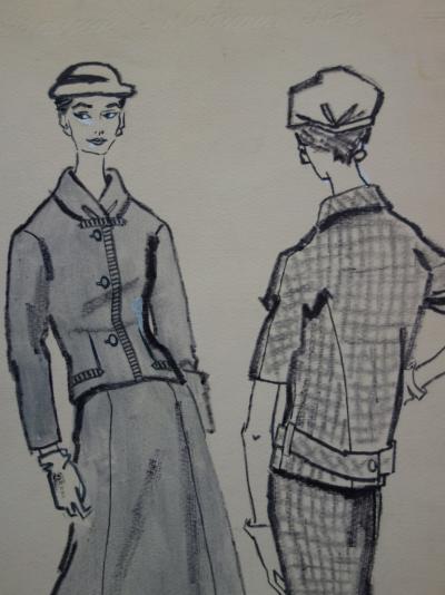 Rosy ANDREASI-VERDIER : Dessin de mode : Femmes en tailleur -  Aquarelle originale et dessin à l’encre 2