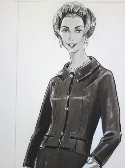 Rosy ANDREASI-VERDIER : Dessin de mode : Tailleur ouvert - Aquarelle originale et dessin à l’encre 2