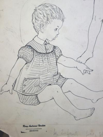 Rosy ANDREASI-VERDIER : Dessin de mode : Les enfants à la plage - Dessin original à l’encre 2