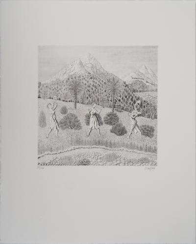 Jacques HOUPLAIN : Les trois grâces devant la montagne - Gravure Originale Signée 2