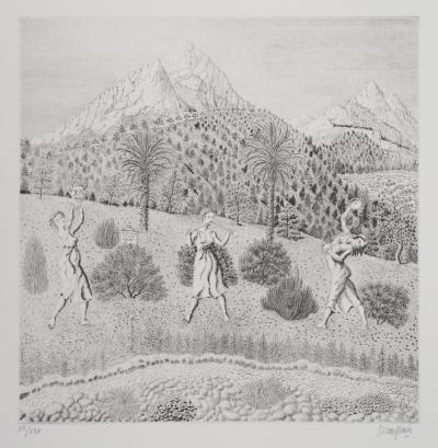 Jacques HOUPLAIN : Les trois grâces devant la montagne - Gravure Originale Signée 2