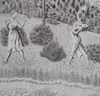 Jacques HOUPLAIN : Les trois grâces devant la montagne - Gravure Originale Signée 2