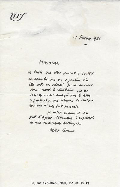 Albert CAMUS - Lettre autographe signée 2