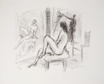 Charles GADENNE : Modèle assis de profil en face d’un miroir - Lithographie originale signée 2