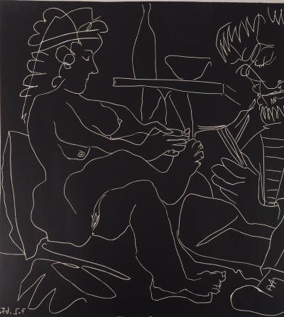 Pablo PICASSO : Peintre et modèle au chapeau, 1965 - Linogravure originale, Signée au crayon 2