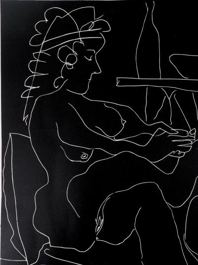 Pablo PICASSO : Peintre et modèle au chapeau, 1965 - Linogravure originale, Signée au crayon 2