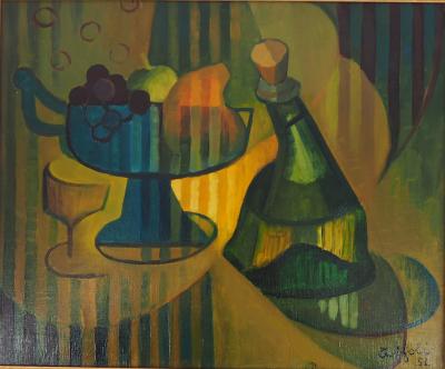 Louis TOFFOLI : Compotier et bouteille - Huile sur toile signée 2