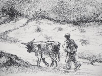 Robert LOTIRON : Le paysan et sa vache - Lithographie originale signée 2