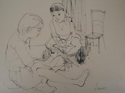 Jean JANSEM - Enfants jouant, Dessin signé 2