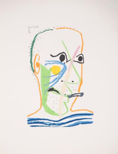 Pablo PICASSO (d’après) : Autoportrait à la cigarette - Lithographie, 1970 2