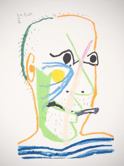 Pablo PICASSO (d’après) : Autoportrait à la cigarette - Lithographie, 1970 2