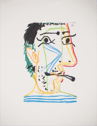 Pablo PICASSO (d’après) : Portrait d’un homme qui fume - Lithographie, 1970 2