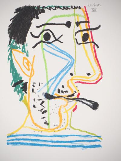 Pablo PICASSO (d’après) : Portrait d’un homme qui fume - Lithographie, 1970 2