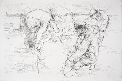 Yves-Jean COMMERE : Chasseurs plaçant un piège - Gravure originale signée 2