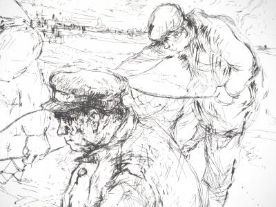 Yves-Jean COMMERE : Chasseurs plaçant un piège - Gravure originale signée 2