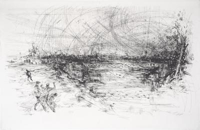 Yves- Jean COMMERE: Brawl near a bridge - Original signed etching 2