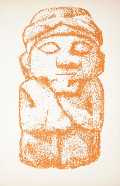 Lithographie à motif Précolombien : Totem au visage calme 2