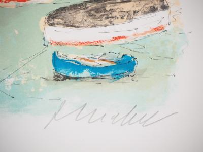 Urbain HUCHET : Les barques colorées - Lithographie signée au crayon 2
