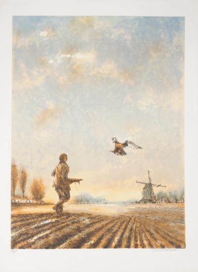 Aimé Daniel STEINLEN : Fauconnier près du moulin - Lithographie originale signée 2