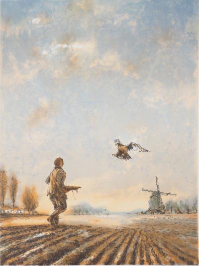 Aimé Daniel STEINLEN : Fauconnier près du moulin - Lithographie originale signée 2