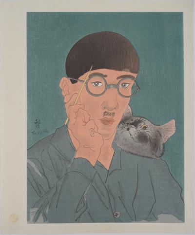 Léonard Tsuguharu FOUJITA : Autoportrait au chat, Gravure originale signée 2