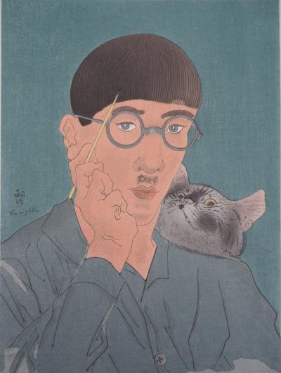 Léonard Tsuguharu FOUJITA : Autoportrait au chat, Gravure originale signée 2