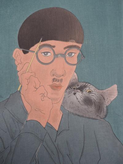 Léonard Tsuguharu FOUJITA : Autoportrait au chat, Gravure originale signée 2
