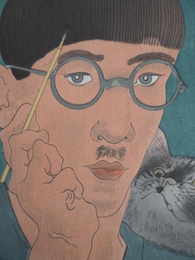 Léonard Tsuguharu FOUJITA : Autoportrait au chat, Gravure originale signée 2