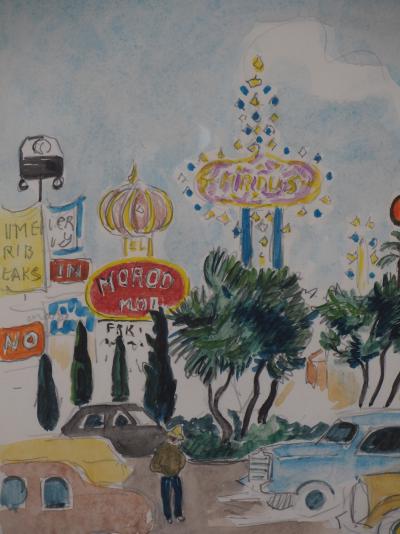 Yves BRAYER : Las Vegas, le Strip - Aquarelle originale Signée 2