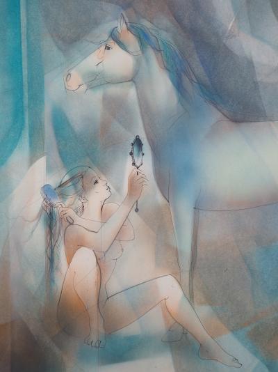 Jean-Baptiste VALADIE : Jeune-femme et étalon blanc - Aquarelle originale Signée 2