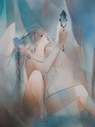 Jean-Baptiste VALADIE : Jeune-femme et étalon blanc - Aquarelle originale Signée 2