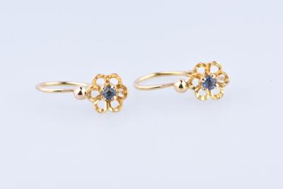 Boucles D'oreilles Dormeuses En OR Jaune 14k Avec Saphir Et Diamant - Style Ancien - Neuf Avec étiquettes