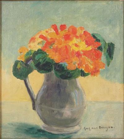Guus VAN DONGEN : Bouquet de gerberas -  Huile sur panneau Signée 2