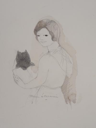 Marie LAURENCIN : Jeune fille et chaton, Aquarelle originale signée 2