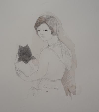 Marie LAURENCIN : Jeune fille et chaton, Aquarelle originale signée 2
